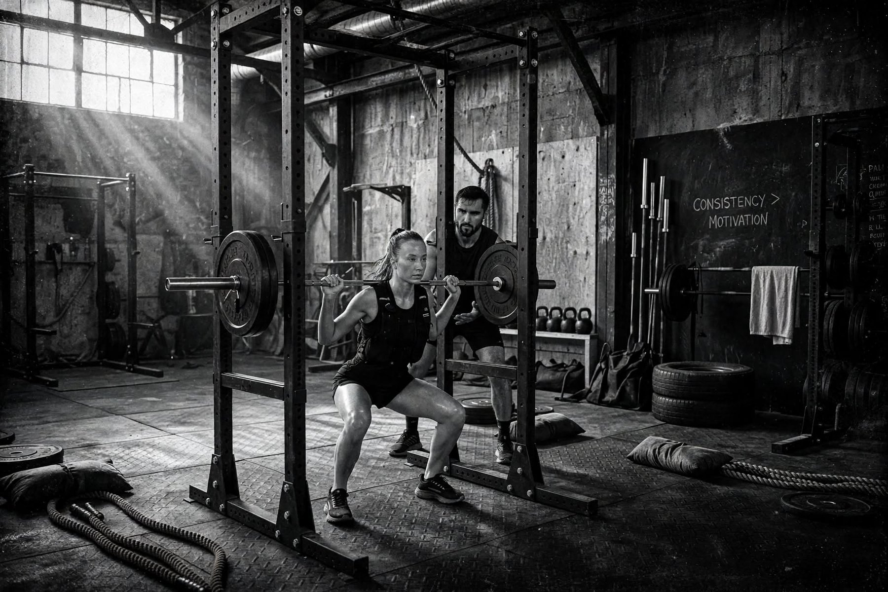 A woman and her training partner in a raw, sunlit warehouse gym mid-squat, with a chalkboard behind them reading 'Consistency > Motivation'