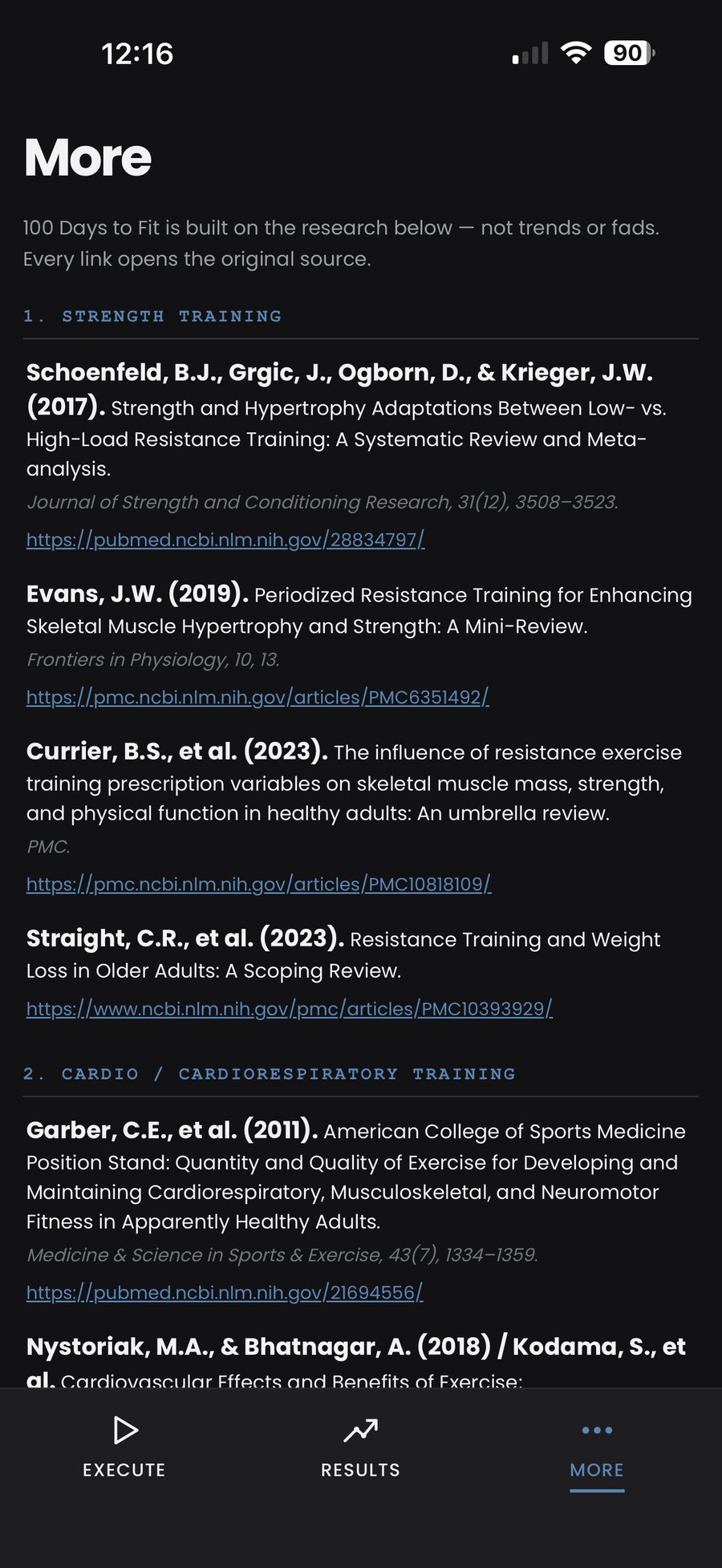 In-app research page listing peer-reviewed strength training studies with citations and links, including Schoenfeld et al. 2017 and Evans 2019