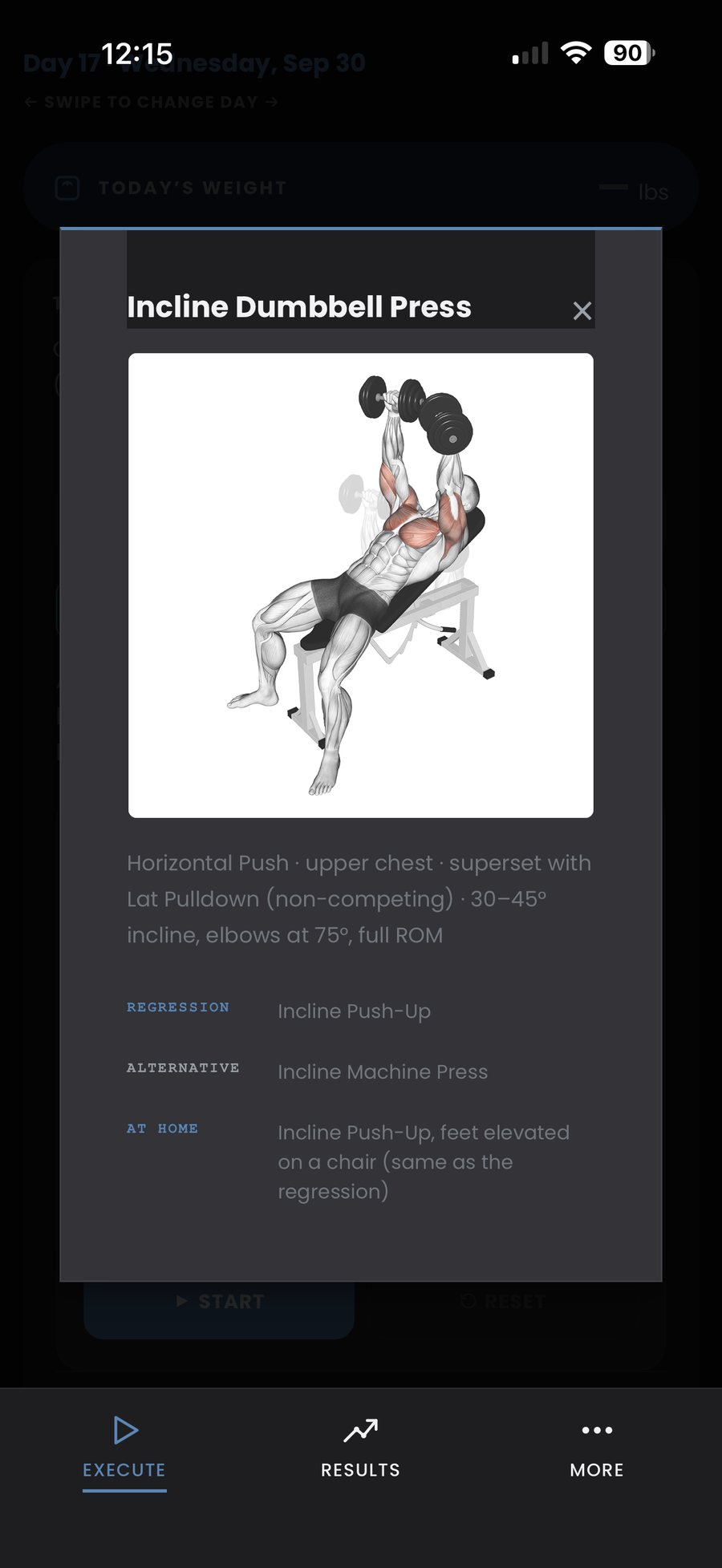 Exercise detail screen for the Incline Dumbbell Press, showing cue text and a built-in regression, alternative, and at-home version