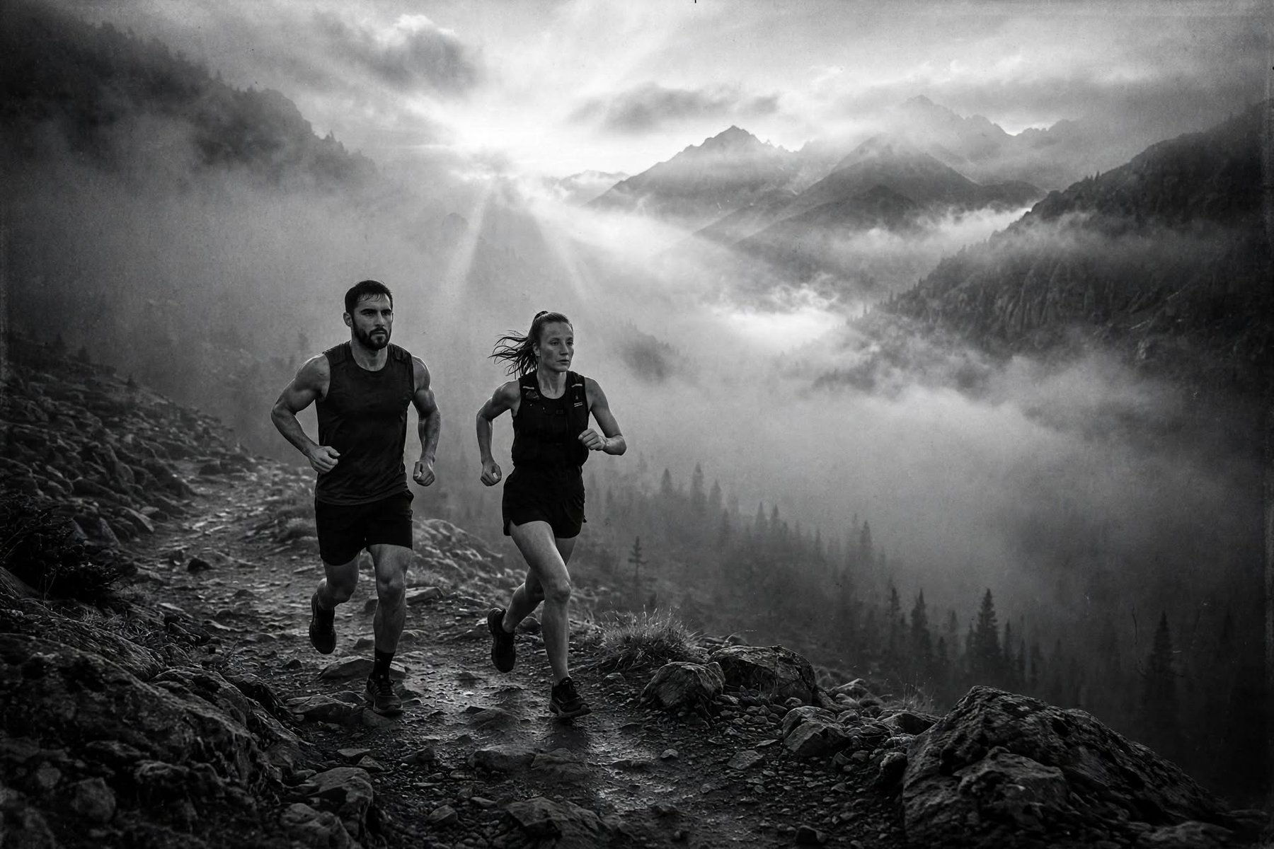 Two trail runners pushing up a misty mountain ridge at sunrise