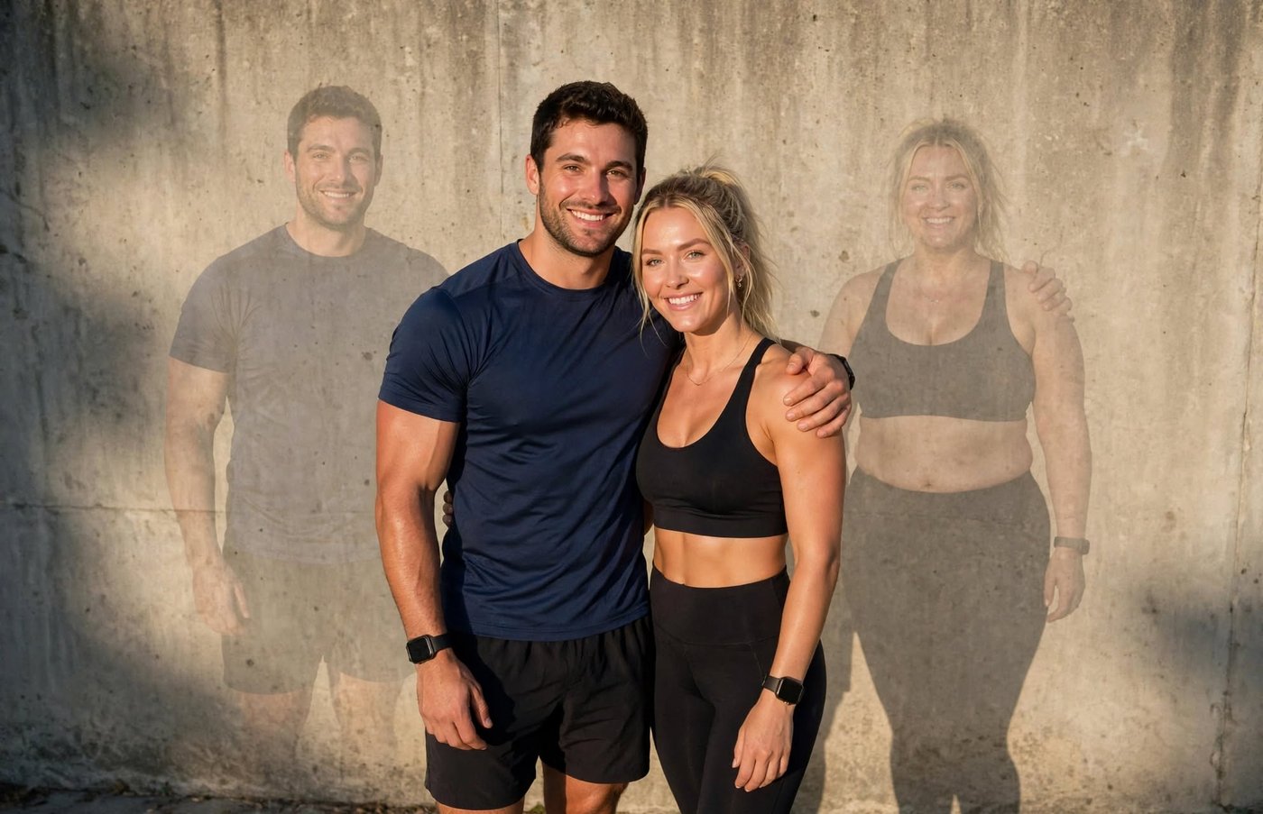 A fit couple standing against a concrete wall, smiling, with their own shadows cast behind them showing a heavier version of themselves
